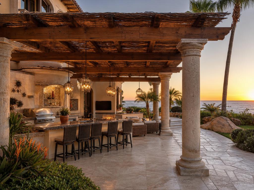 Custom stone-column pergola with outdoor kitchen and ocean view
